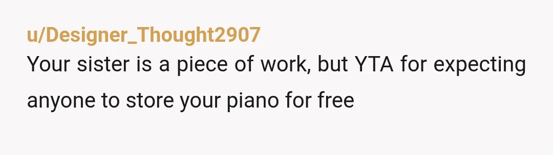 u/Designer_Thought2907
Your sister is a piece of work, but YTA for expecting anyone to store your piano for free