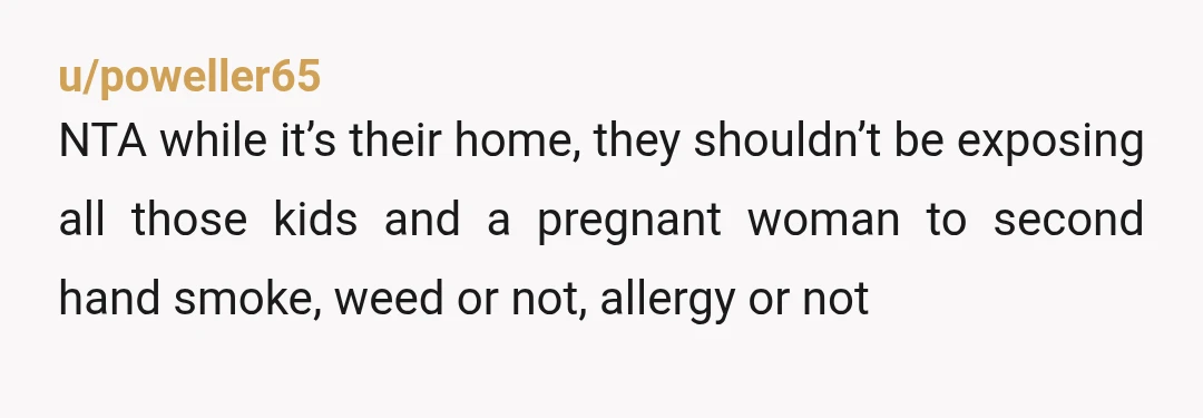 u/poweller65
NTA while it’s their home, they shouldn’t be exposing all those kids and a pregnant woman to second hand smoke, weed or not, allergy or not