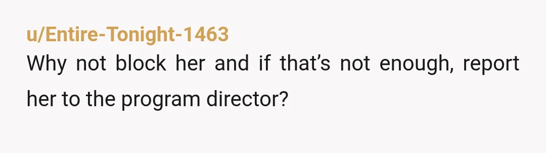 u/Entire-Tonight-1463
Why not block her and if that’s not enough, report her to the program director?