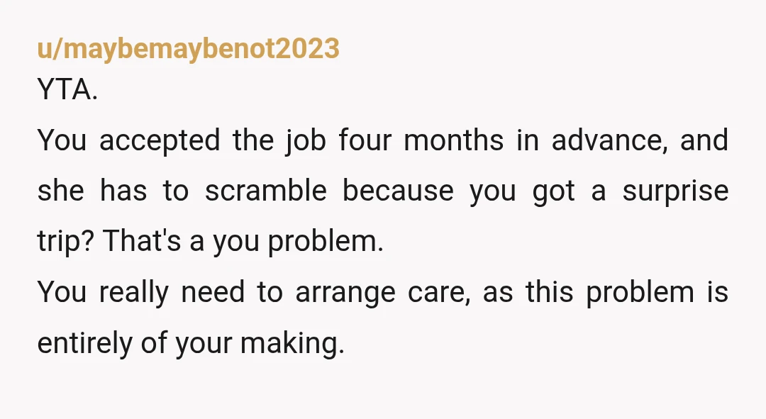u/maybemaybenot2023 YTA. You accepted the job four months in advance, and she has to scramble because you got a surprise trip? That's a you problem. You really need to arrange...