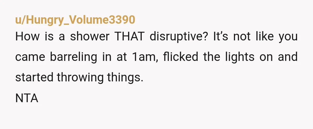 u/Hungry_Volume3390
How is a shower THAT disruptive? It’s not like you came barreling in at 1am, flicked the lights on and started throwing things.
NTA