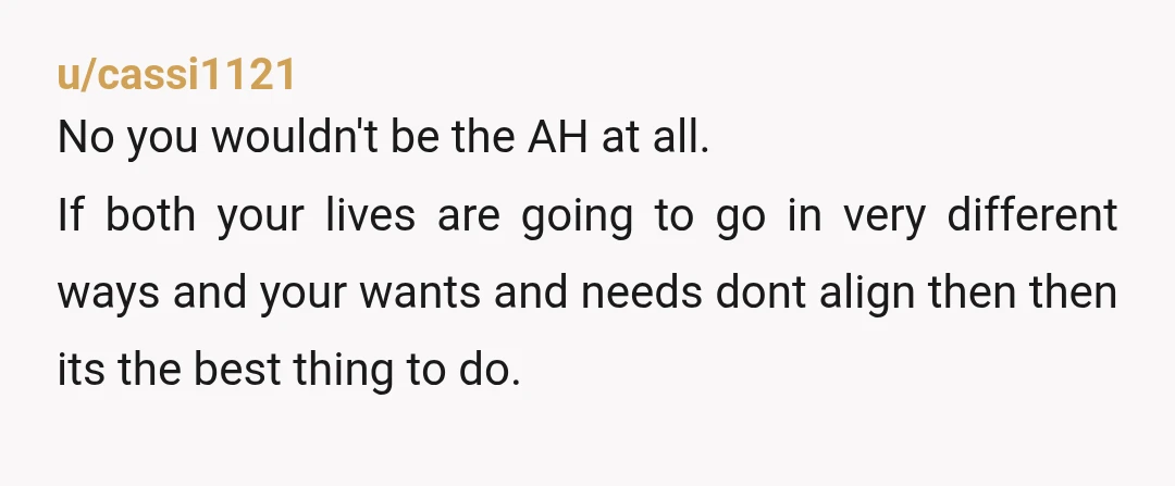 u/cassi1121 No you wouldn't be the AH at all. If both your lives are going to go in very different ways and your wants and needs dont align then then...
