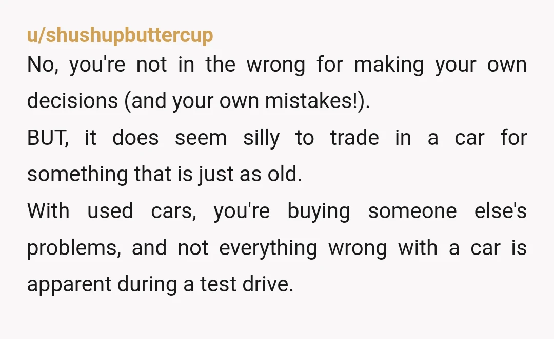 u/shushupbuttercup No, you're not in the wrong for making your own decisions (and your own mistakes!). BUT, it does seem silly to trade in a car for something that is...