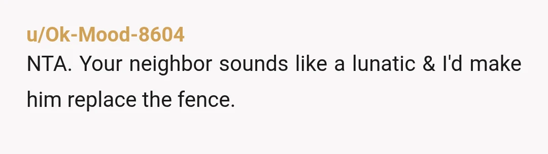 u/Ok-Mood-8604
NTA. Your neighbor sounds like a lunatic & I'd make him replace the fence.