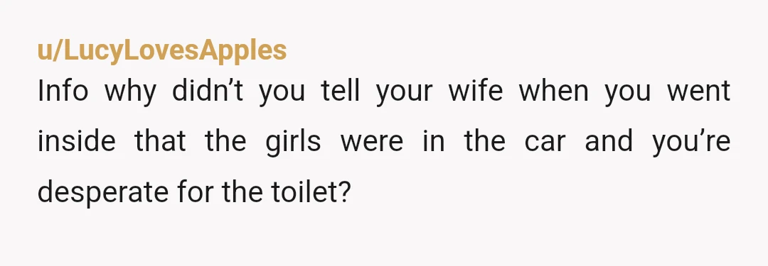 u/LucyLovesApples
Info why didn’t you tell your wife when you went inside that the girls were in the car and you’re desperate for the toilet?