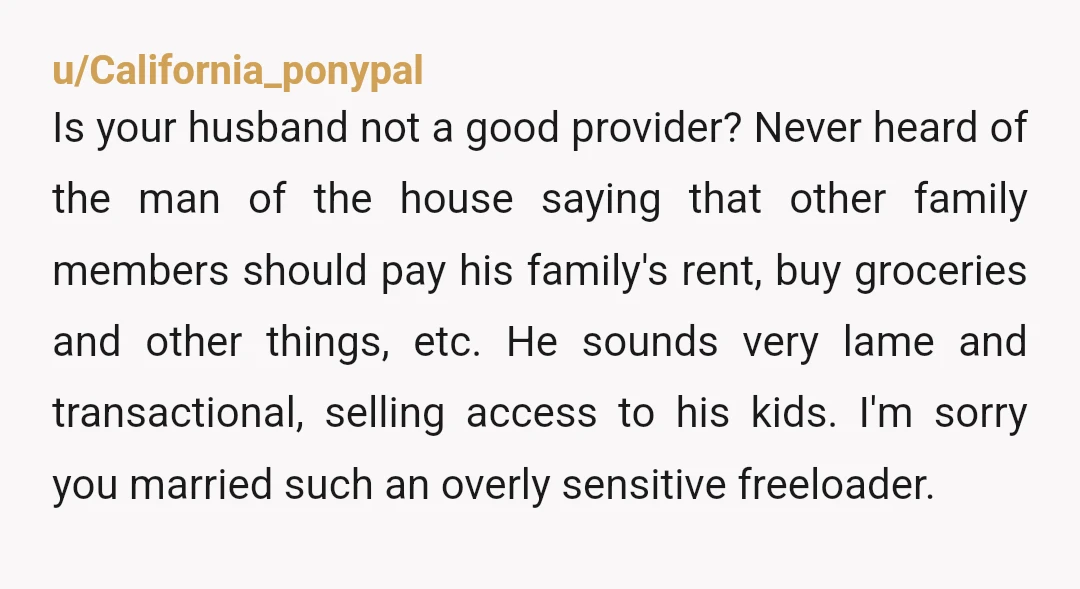 u/California_ponypal Is your husband not a good provider? Never heard of the man of the house saying that other family members should pay his family's rent, buy groceries and other...