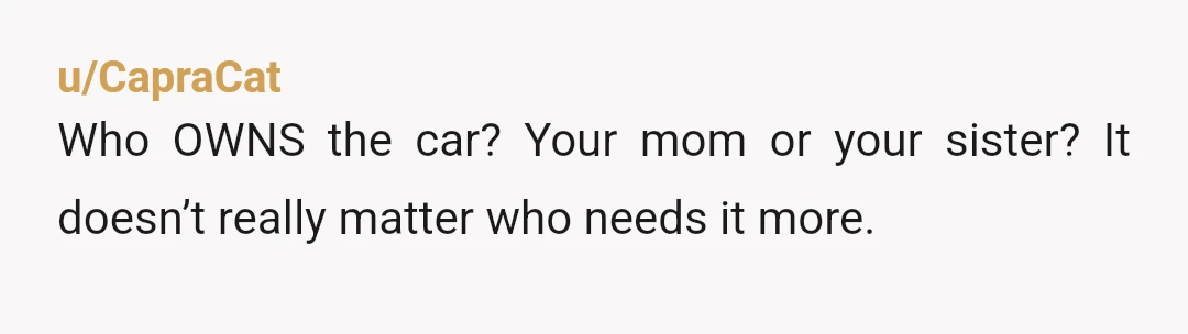 u/CapraCat
Who OWNS the car? Your mom or your sister? It doesn’t really matter who needs it more.