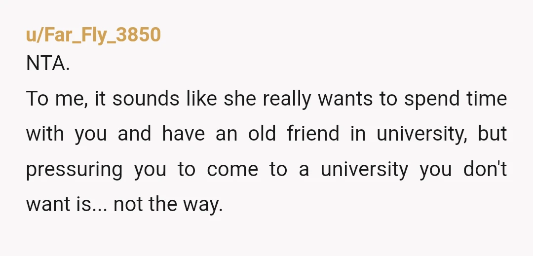 u/Far_Fly_3850 NTA. To me, it sounds like she really wants to spend time with you and have an old friend in university, but pressuring you to come to a university...