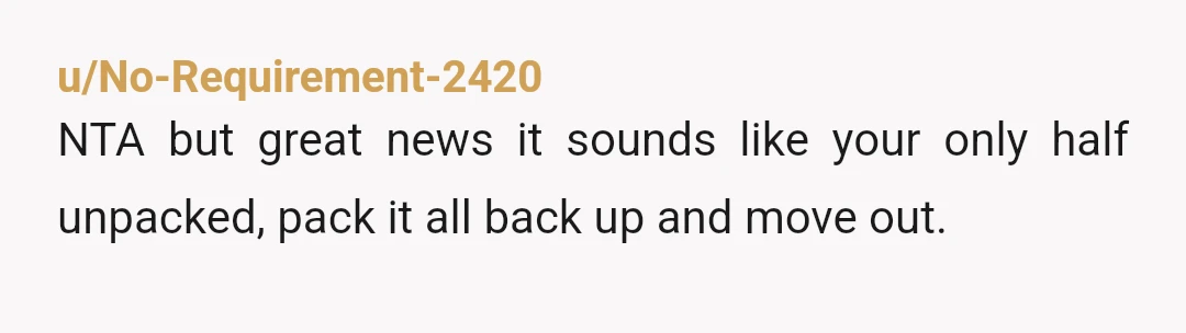 u/No-Requirement-2420
NTA but great news it sounds like your only half unpacked, pack it all back up and move out.