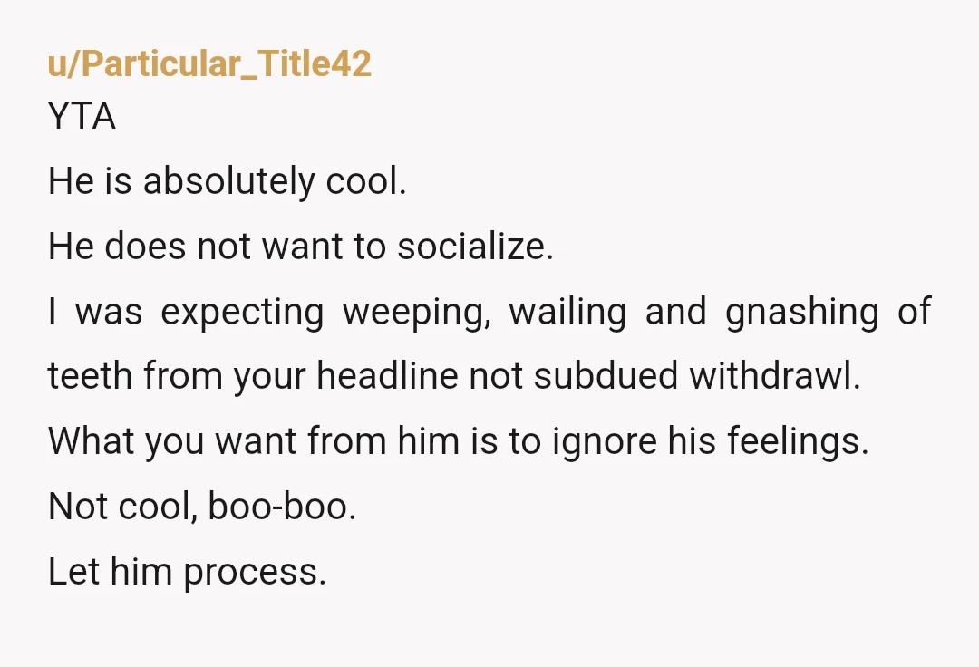 u/Particular_Title42 YTA He is absolutely cool. He does not want to socialize. I was expecting weeping, wailing and gnashing of teeth from your headline not subdued withdrawl. What you want...
