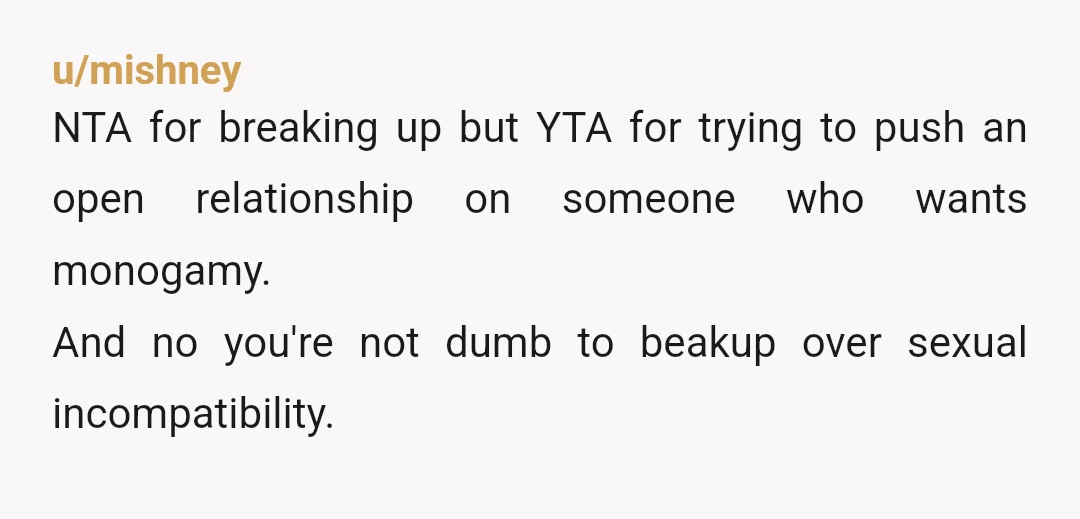 u/mishney
NTA for breaking up but YTA for trying to push an open relationship on someone who wants monogamy.
And no you're not dumb to beakup over sexual incompatibility.