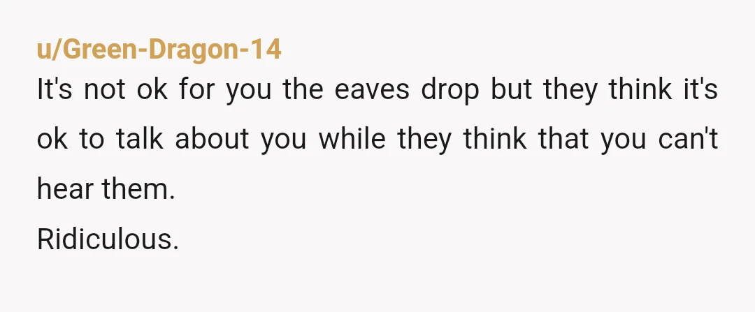 u/Green-Dragon-14
It's not ok for you the eaves drop but they think it's ok to talk about you while they think that you can't hear them.
Ridiculous.