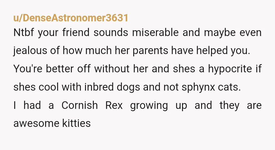 u/DenseAstronomer3631 Ntbf your friend sounds miserable and maybe even jealous of how much her parents have helped you. You're better off without her and shes a hypocrite if shes cool...