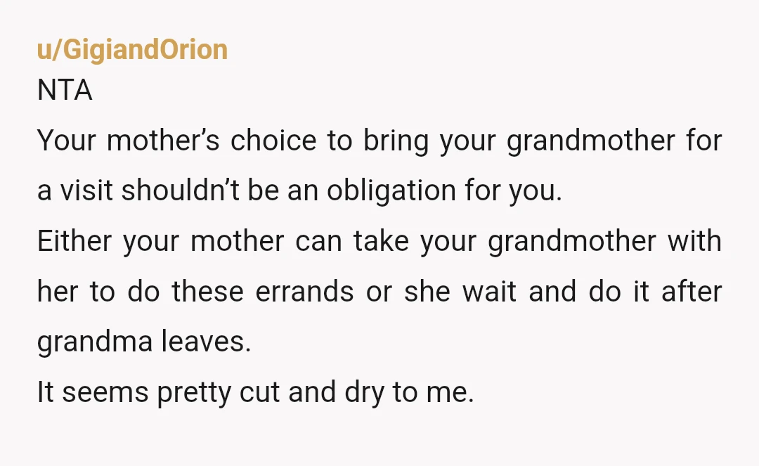u/GigiandOrion NTA Your mother’s choice to bring your grandmother for a visit shouldn’t be an obligation for you. Either your mother can take your grandmother with her to do these...