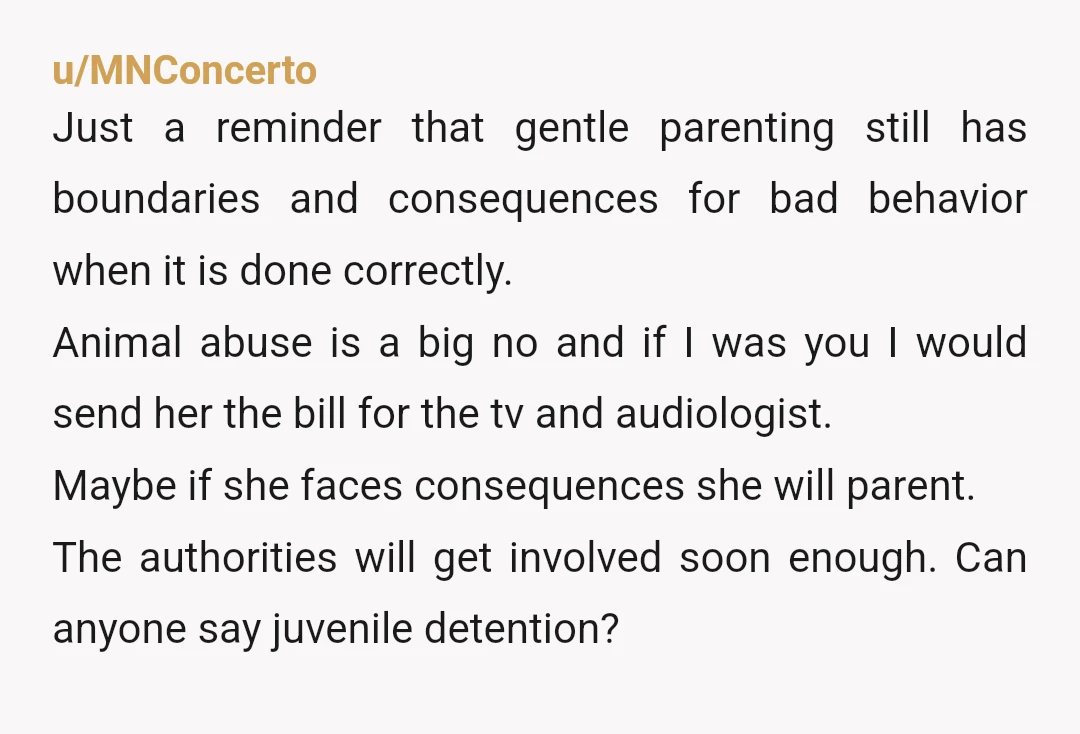 u/MNConcerto Just a reminder that gentle parenting still has boundaries and consequences for bad behavior when it is done correctly. Animal abuse is a big no and if I was...