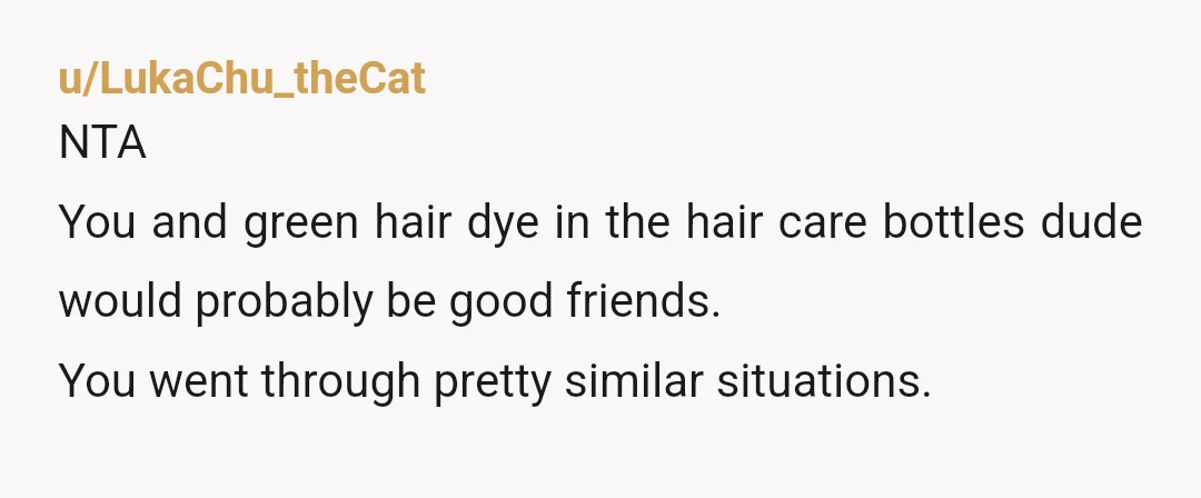 u/LukaChu_theCat
NTA
You and green hair dye in the hair care bottles dude would probably be good friends.
You went through pretty similar situations.