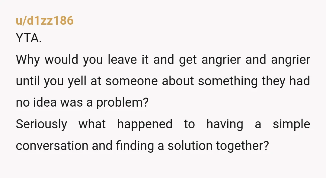 u/d1zz186 YTA. Why would you leave it and get angrier and angrier until you yell at someone about something they had no idea was a problem? Seriously what happened to...