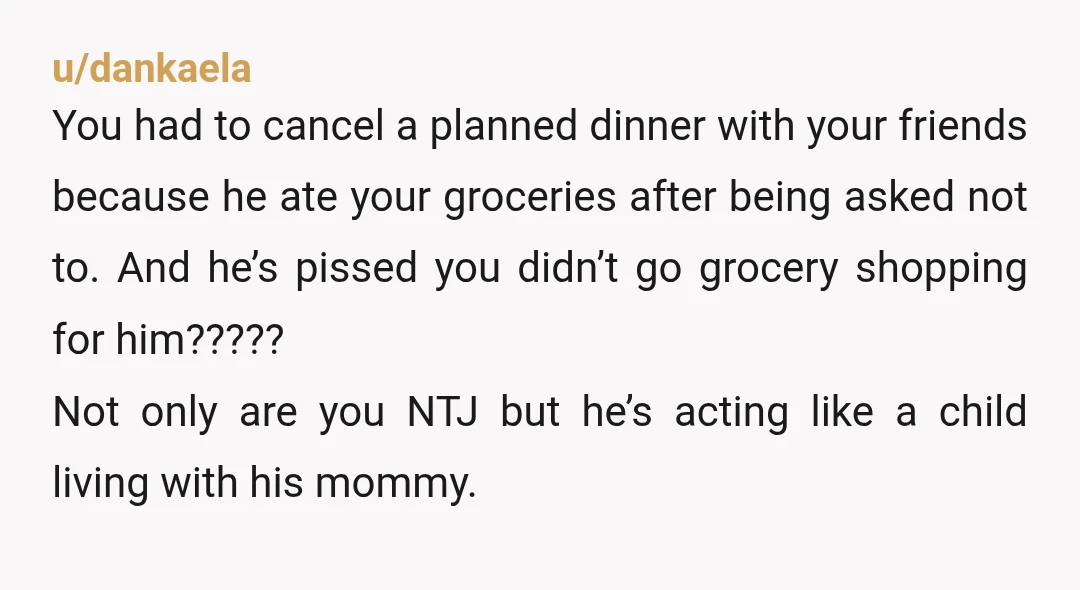 u/dankaela You had to cancel a planned dinner with your friends because he ate your groceries after being asked not to. And he’s pissed you didn’t go grocery shopping for...