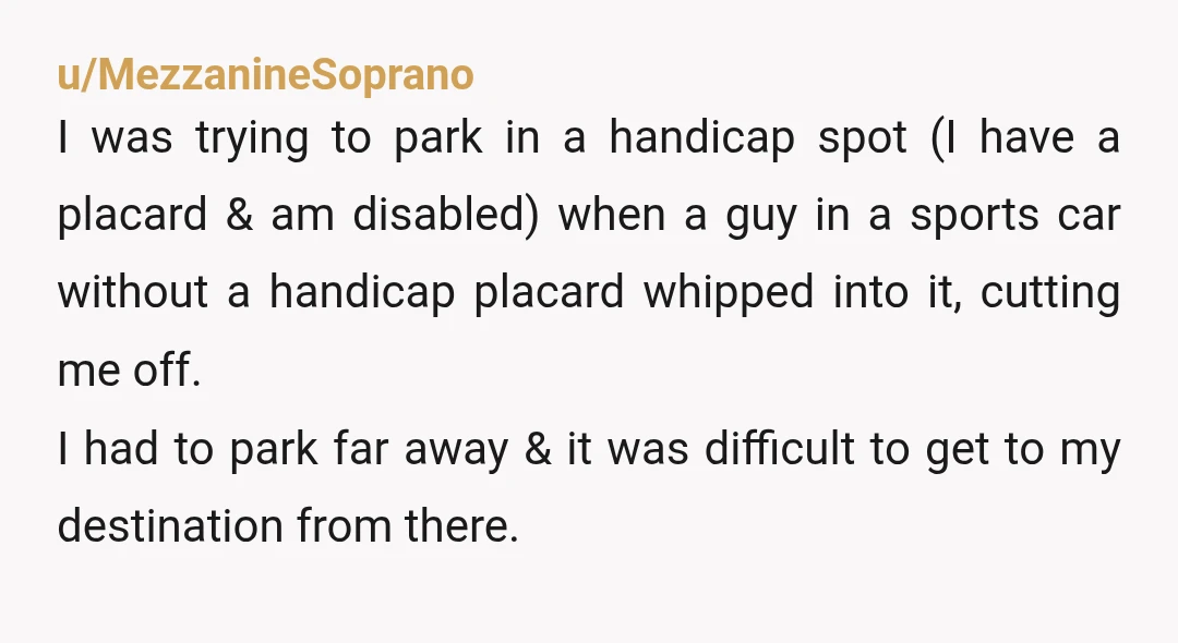 u/MezzanineSoprano I was trying to park in a handicap spot (I have a placard & am disabled) when a guy in a sports car without a handicap placard whipped into...