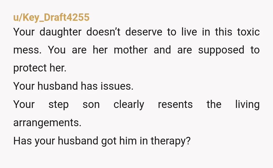 u/Key_Draft4255 Your daughter doesn’t deserve to live in this toxic mess. You are her mother and are supposed to protect her. Your husband has issues. Your step son clearly resents...