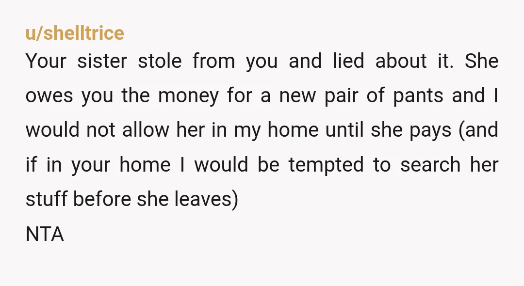 u/shelltrice Your sister stole from you and lied about it. She owes you the money for a new pair of pants and I would not allow her in my home...