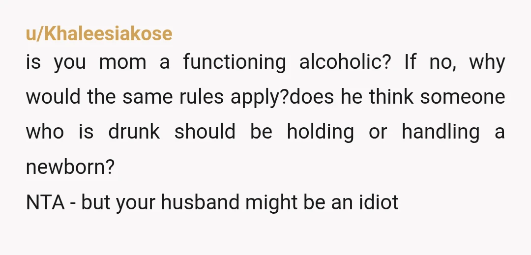 u/Khaleesiakose is you mom a functioning alcoholic? If no, why would the same rules apply?does he think someone who is drunk should be holding or handling a newborn? NTA -...
