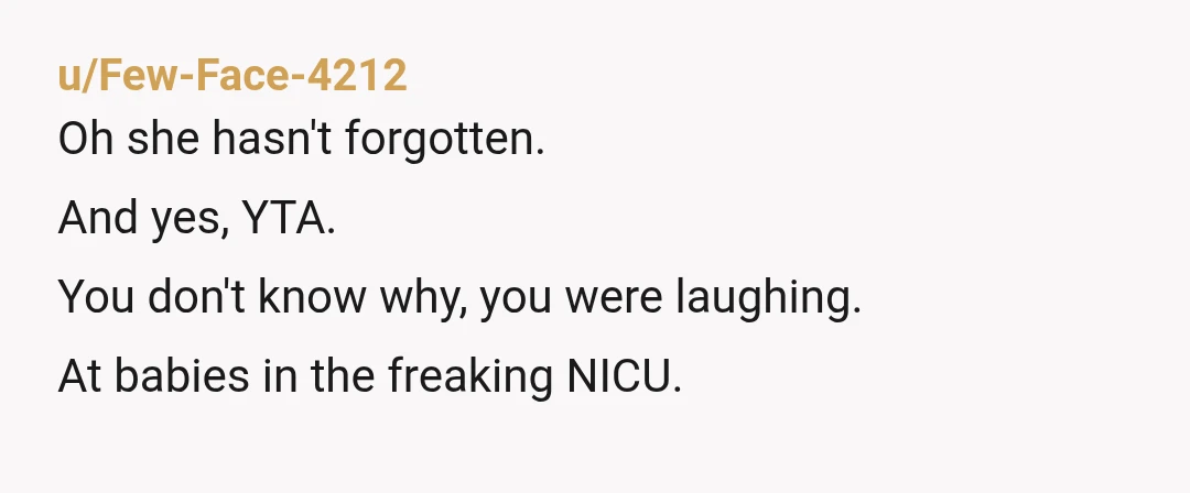 u/Few-Face-4212
Oh she hasn't forgotten.
And yes, YTA.
You don't know why, you were laughing.
At babies in the freaking NICU.