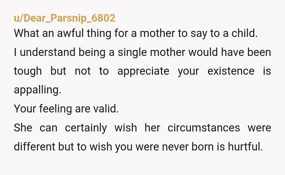 u/Dear_Parsnip_6802 What an awful thing for a mother to say to a child. I understand being a single mother would have been tough but not to appreciate your existence is...