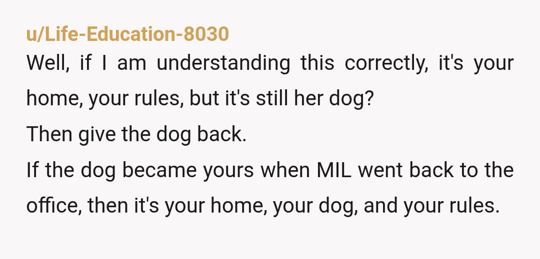 u/Life-Education-8030 Well, if I am understanding this correctly, it's your home, your rules, but it's still her dog? Then give the dog back. If the dog became yours when MIL...