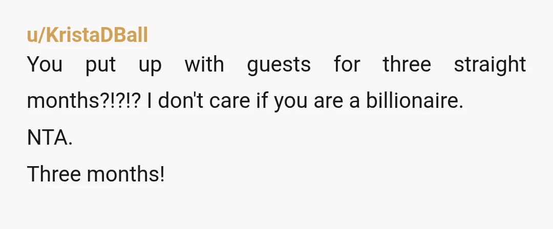 u/KristaDBall
You put up with guests for three straight months?!?!? I don't care if you are a billionaire.
NTA.
Three months!