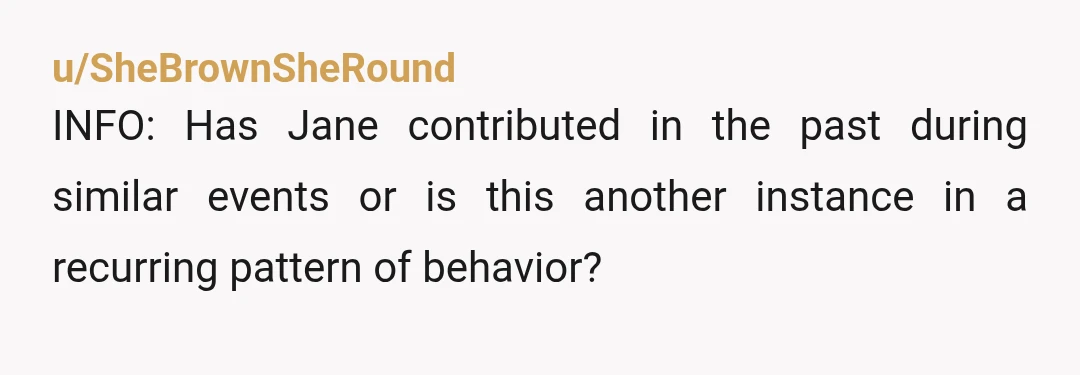 u/SheBrownSheRound
INFO: Has Jane contributed in the past during similar events or is this another instance in a recurring pattern of behavior?