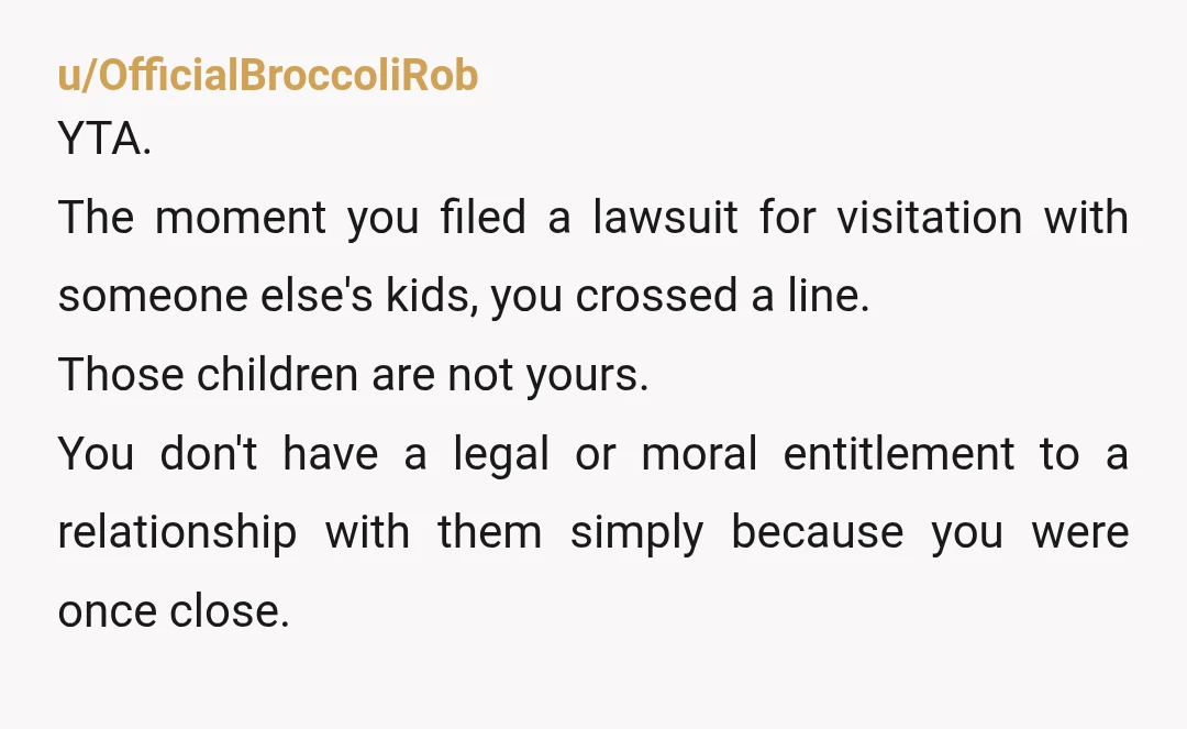 u/OfficialBroccoliRob YTA. The moment you filed a lawsuit for visitation with someone else's kids, you crossed a line. Those children are not yours. You don't have a legal or moral...