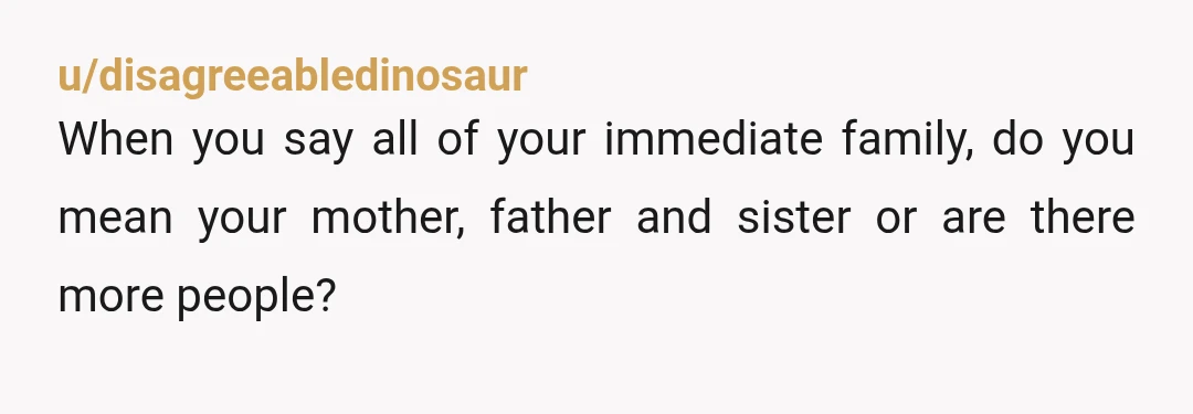 u/disagreeabledinosaur
When you say all of your immediate family, do you mean your mother, father and sister or are there more people?