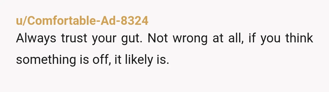 u/Comfortable-Ad-8324
Always trust your gut. Not wrong at all, if you think something is off, it likely is.