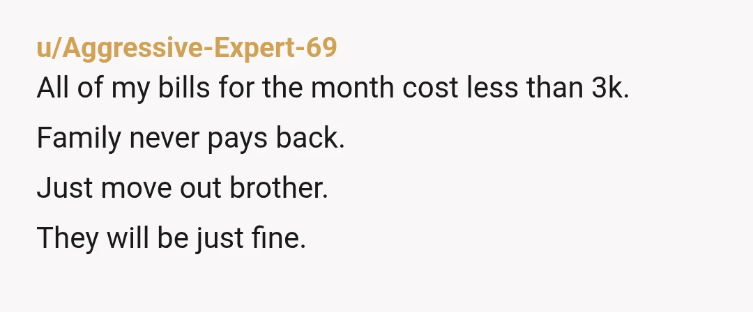 u/Aggressive-Expert-69
All of my bills for the month cost less than 3k.
Family never pays back.
Just move out brother.
They will be just fine.