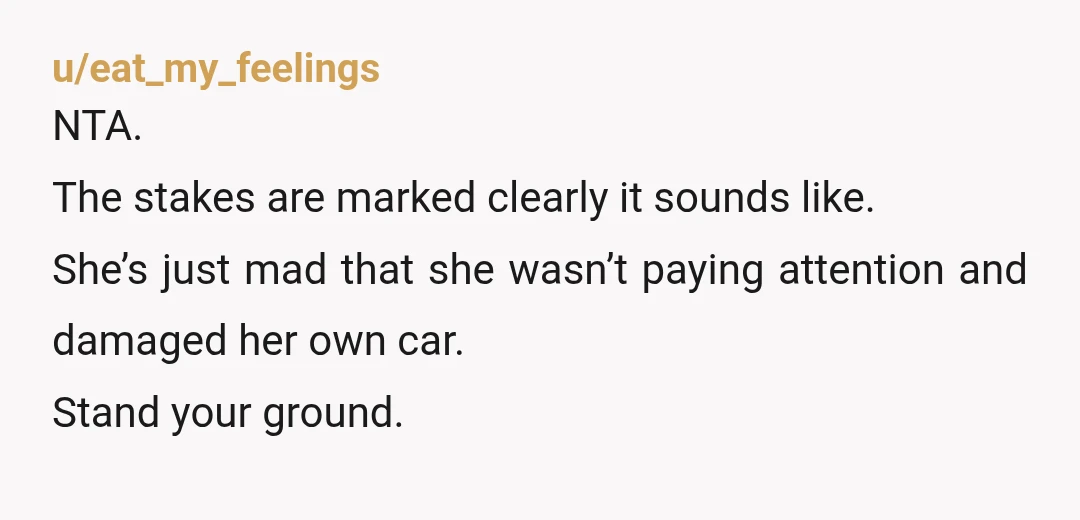 u/eat_my_feelings
NTA.
The stakes are marked clearly it sounds like.
She’s just mad that she wasn’t paying attention and damaged her own car.
Stand your ground.