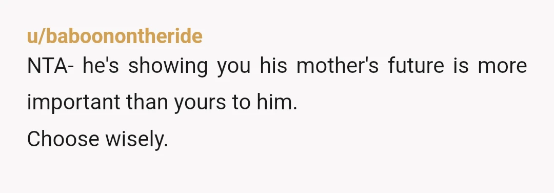 u/baboonontheride
NTA- he's showing you his mother's future is more important than yours to him.
Choose wisely.