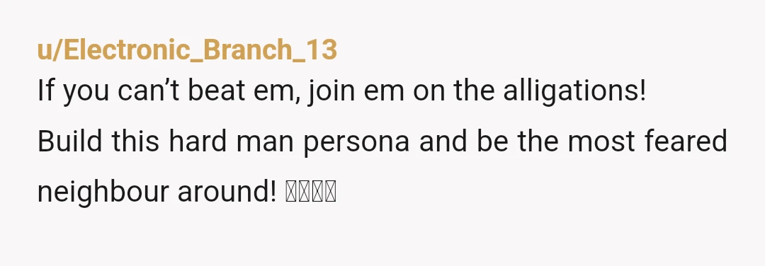 u/Electronic_Branch_13
If you can’t beat em, join em on the alligations!
Build this hard man persona and be the most feared neighbour around! 🤣🤣🤣🤣