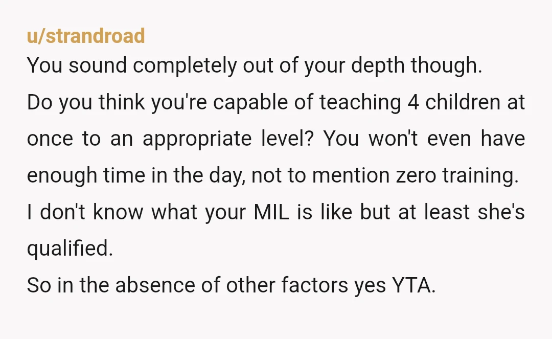 u/strandroad You sound completely out of your depth though. Do you think you're capable of teaching 4 children at once to an appropriate level? You won't even have enough time...