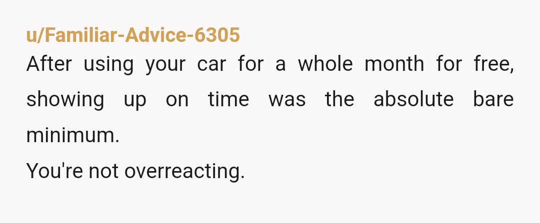 u/Familiar-Advice-6305
After using your car for a whole month for free, showing up on time was the absolute bare minimum.
You're not overreacting.