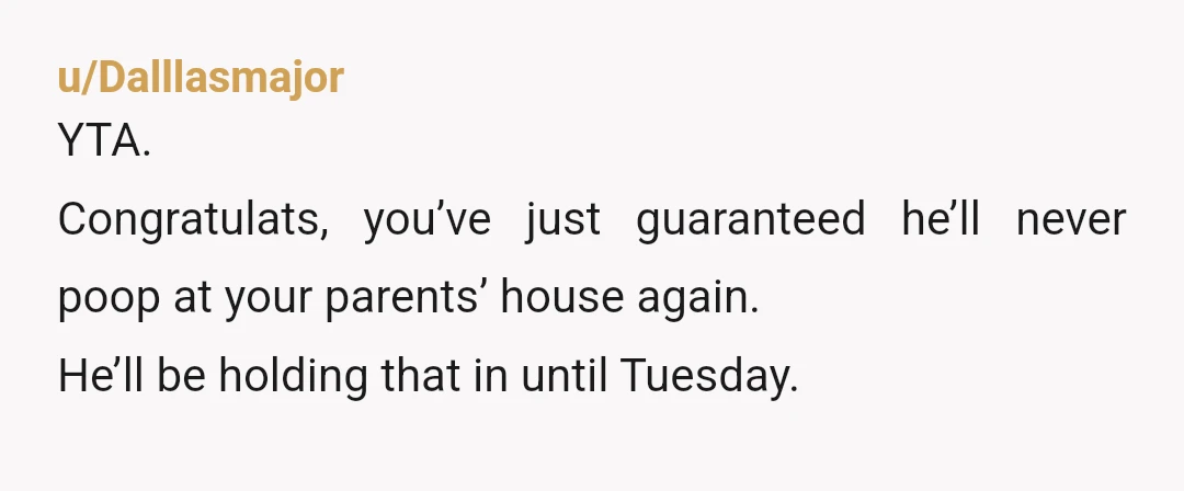 u/Dalllasmajor
YTA.
Congratulats, you’ve just guaranteed he’ll never poop at your parents’ house again.
He’ll be holding that in until Tuesday.