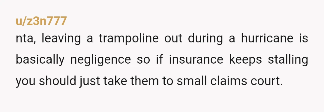 u/z3n777
nta, leaving a trampoline out during a hurricane is basically negligence so if insurance keeps stalling you should just take them to small claims court.