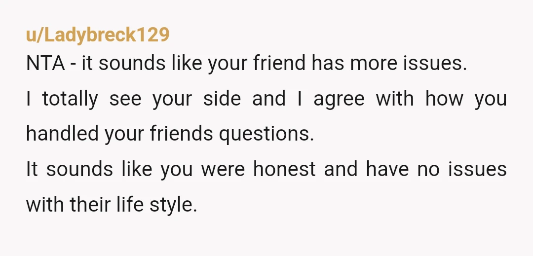 u/Ladybreck129 NTA - it sounds like your friend has more issues. I totally see your side and I agree with how you handled your friends questions. It sounds like you...