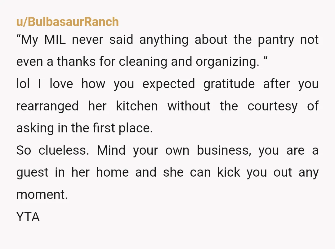 u/BulbasaurRanch “My MIL never said anything about the pantry not even a thanks for cleaning and organizing. “ lol I love how you expected gratitude after you rearranged her kitchen...