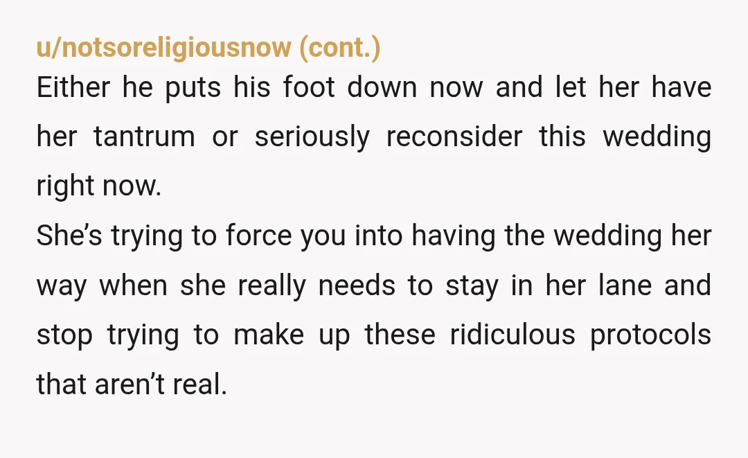 u/No_Caramel9300 NTA Girl, I cannot stress this enough: PUMP THE BRAKES ON YOUR WEDDING ASAP! You have a (future) MIL problem because your fiancé hasn't cut his umbilical cord yet....