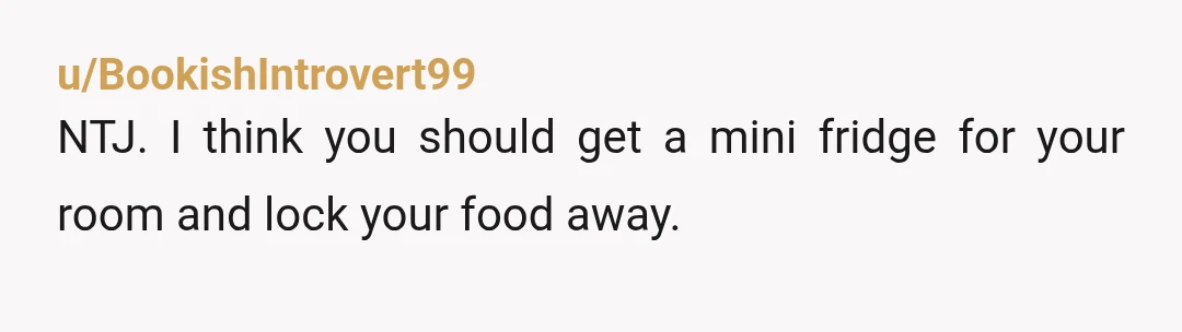 u/BookishIntrovert99
NTJ. I think you should get a mini fridge for your room and lock your food away. 