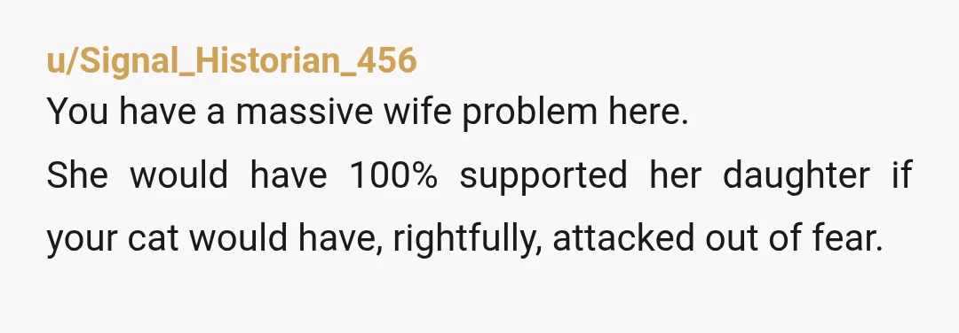 u/Signal_Historian_456
You have a massive wife problem here.
She would have 100% supported her daughter if your cat would have, rightfully, attacked out of fear.