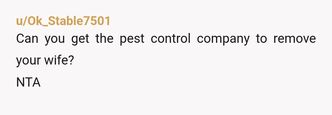 u/Ok_Stable7501
Can you get the pest control company to remove your wife?
NTA