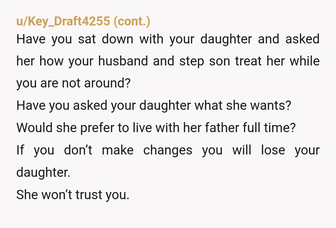 u/Ok_Stable7501
He’s abusing your daughter and you are allowing it.
Ten years from now you’ll be here asking why Mia went no contact with you.
YTA for marrying a bully.