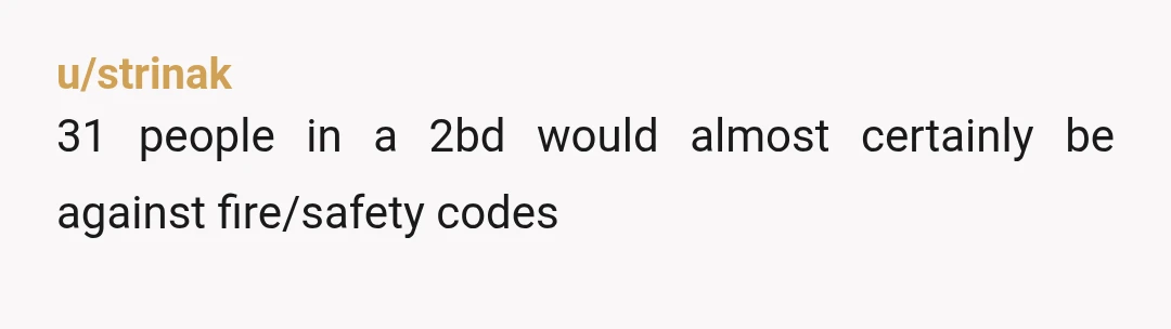 u/strinak
31 people in a 2bd would almost certainly be against fire/safety codes
